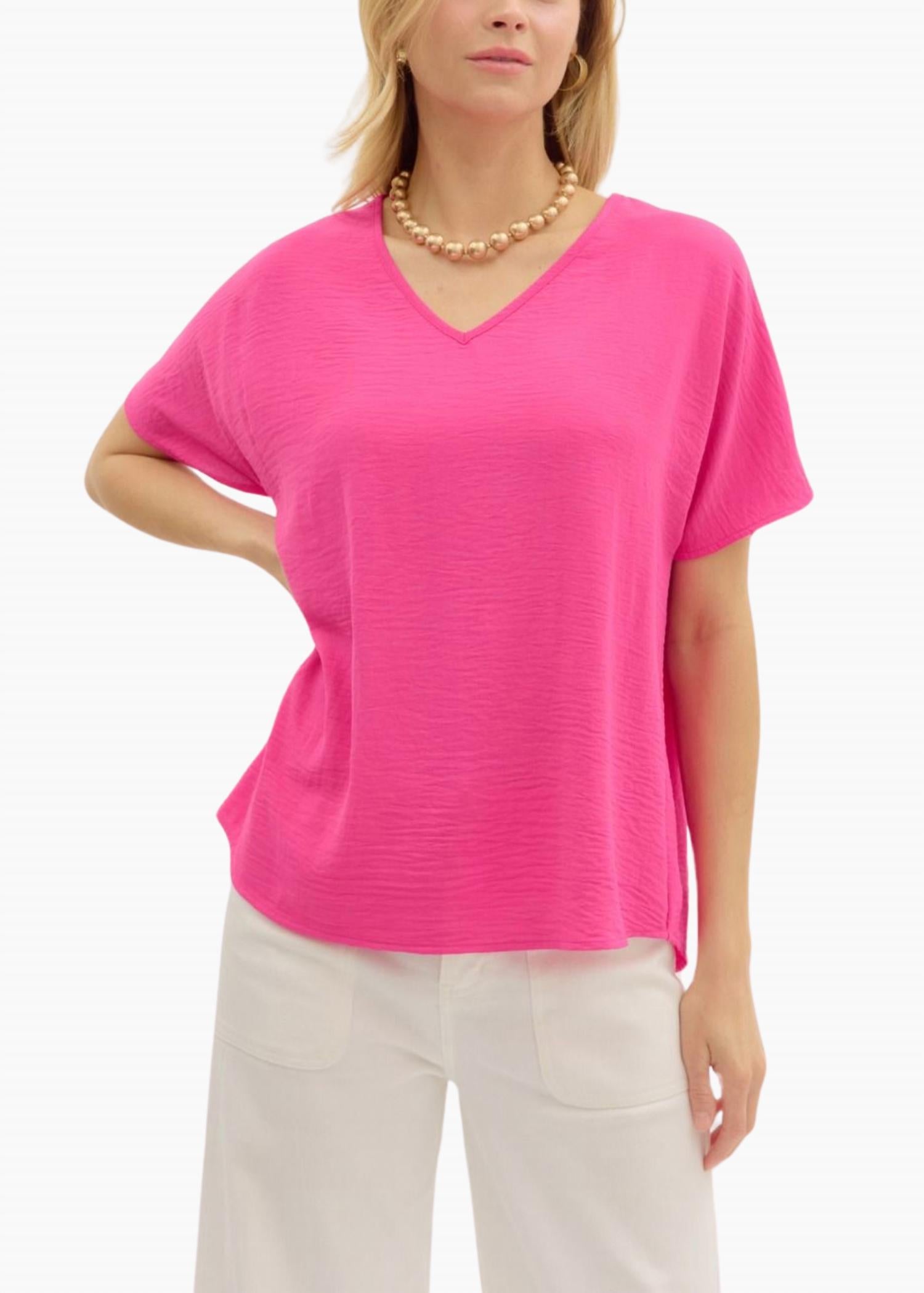 Dana V-Neck Short Sleeve Pullover Top In Hot Pink