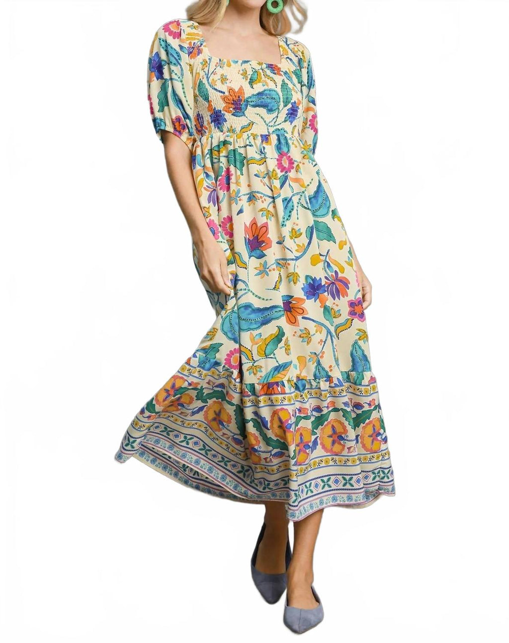 Boho Floral Smocked Maxi Dress In Multicolor