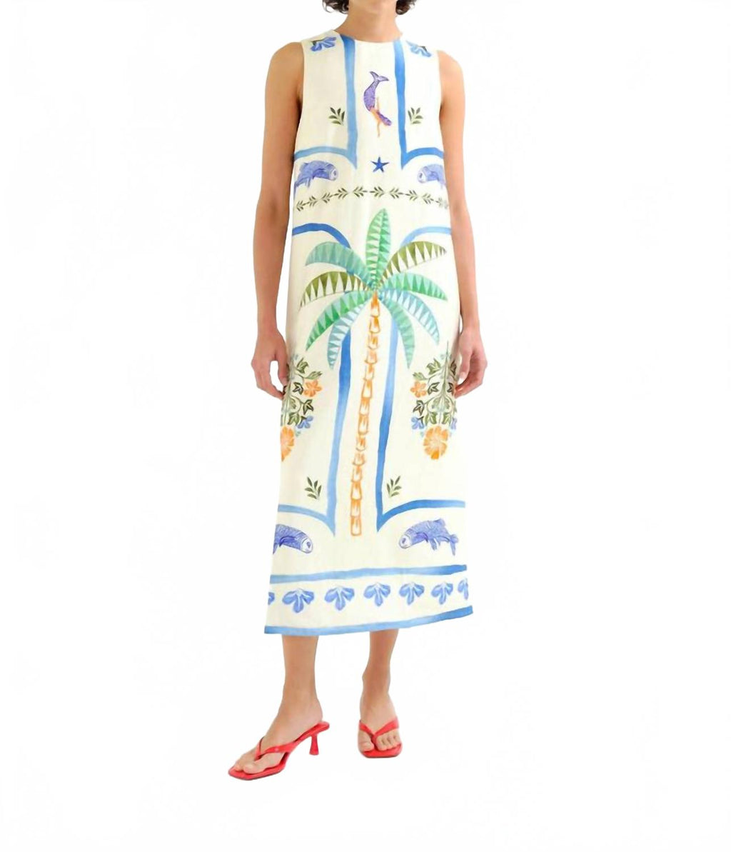 Palm And Mermaid Midi Dress In Beige
