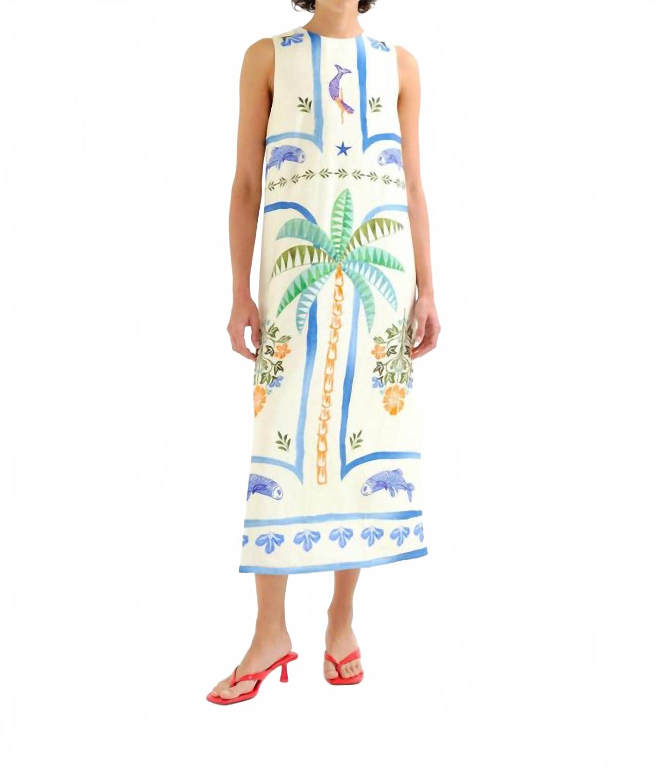 Palm And Mermaid Midi Dress In Beige