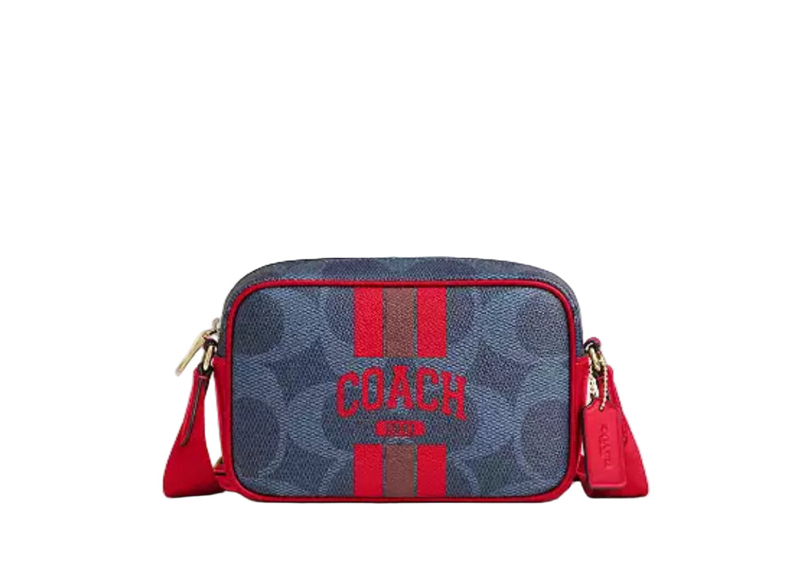 NWT Coach Mini Jamie Camera Crossbody Bag In Signature Canvas & Leather With Varsity Stripe