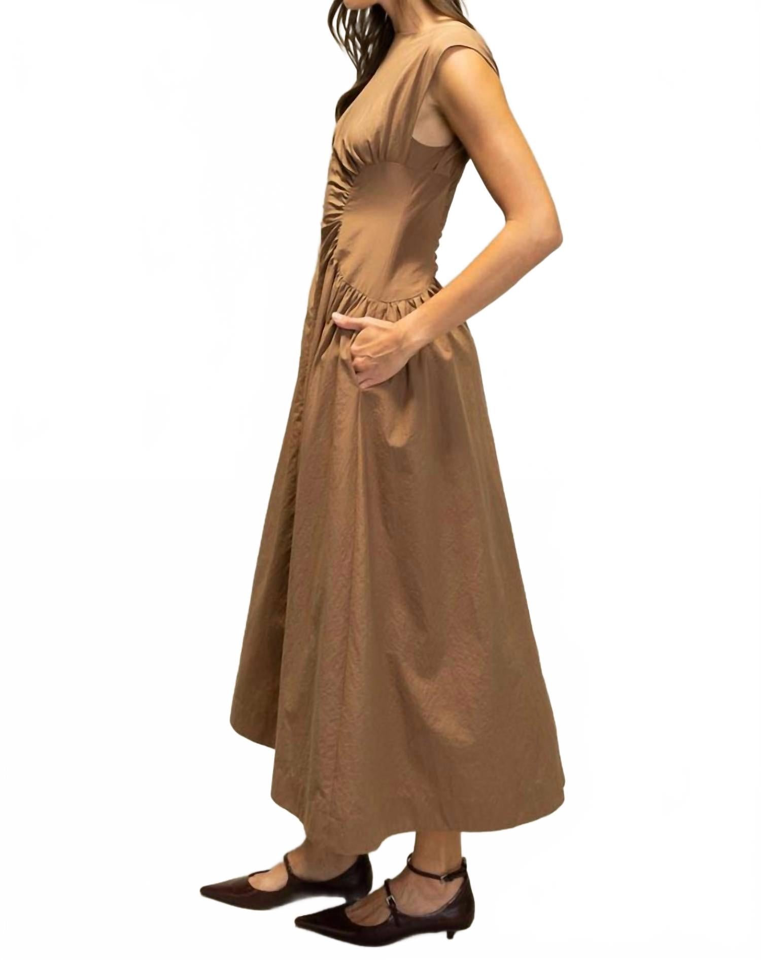 Sylvia Ruched Waist Midi Dress In Espresso