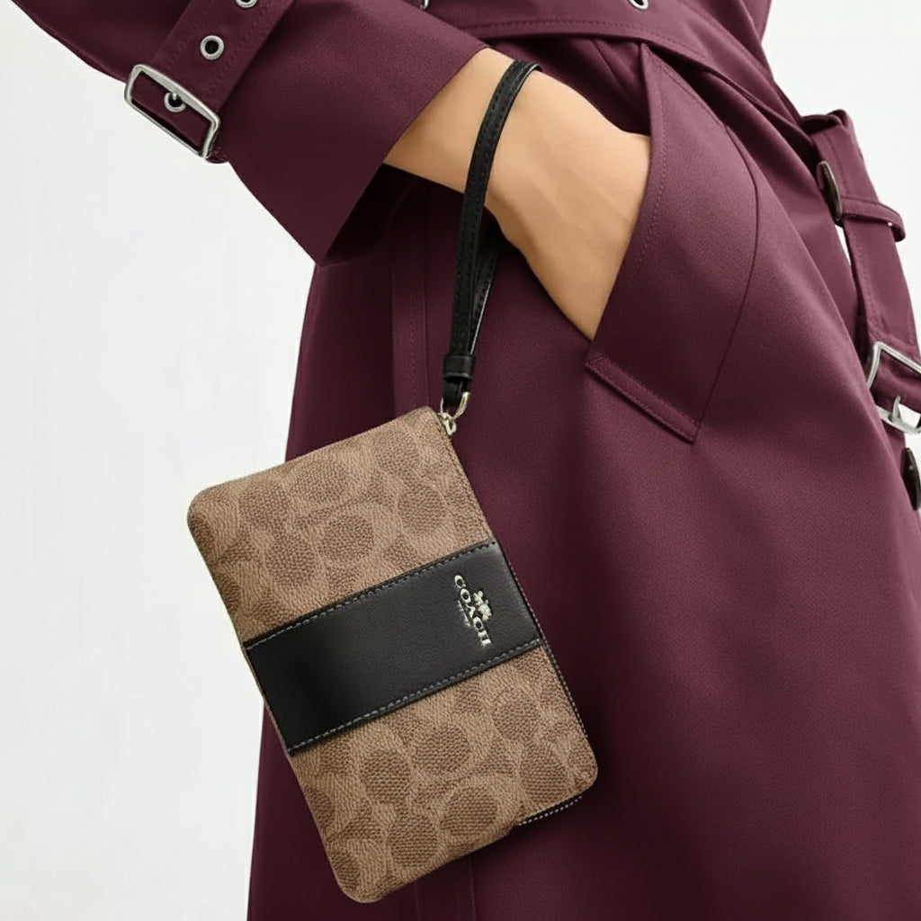 NWT Coach Signature Canvas & Leather Corner Zip Wristlet Wallet