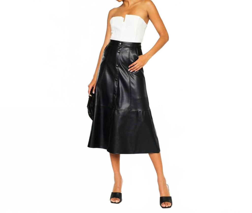 High Rise Leather Midi Skirt In Black