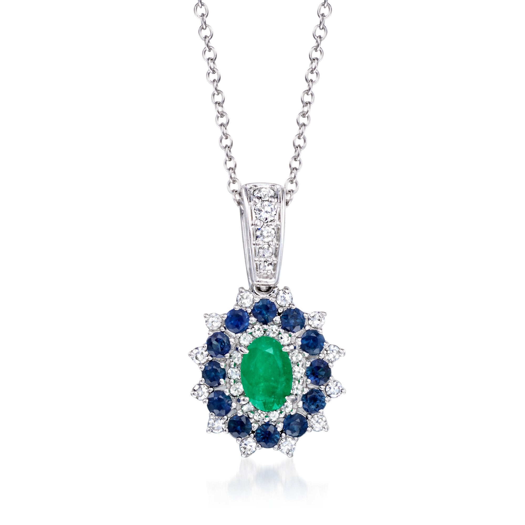 Ross-Simons Emerald and . Sapphire Pendant Necklace With . Diamonds in 14kt White Gold