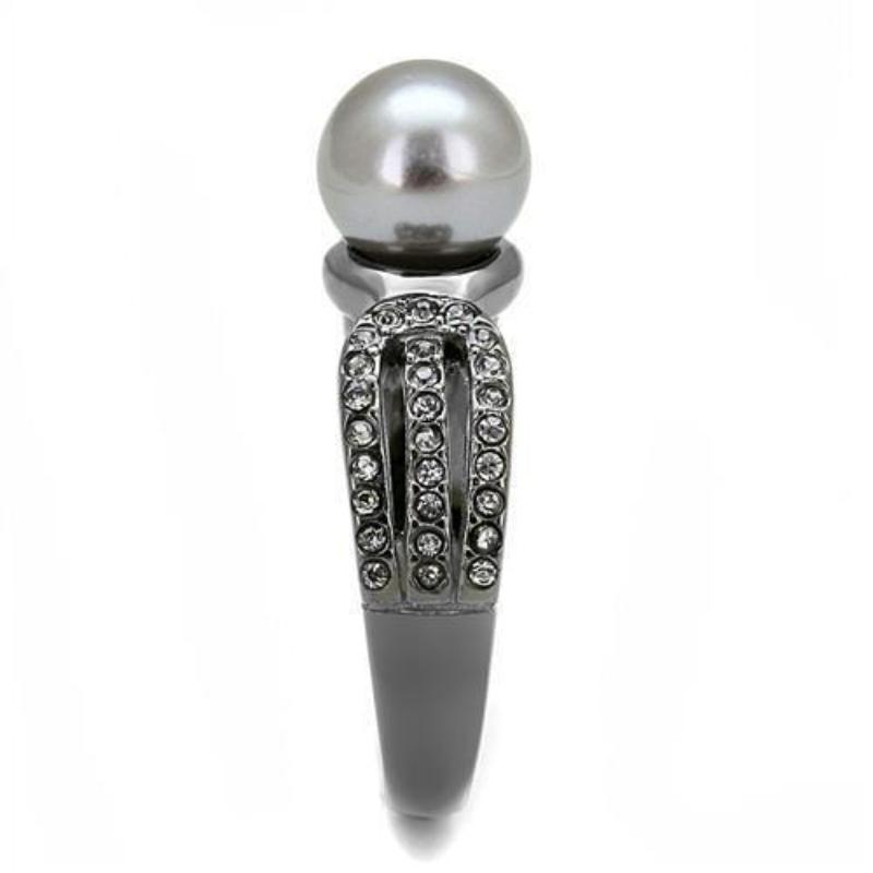 IP Light Black Stainless Steel Ring with Synthetic Pearl in Gray