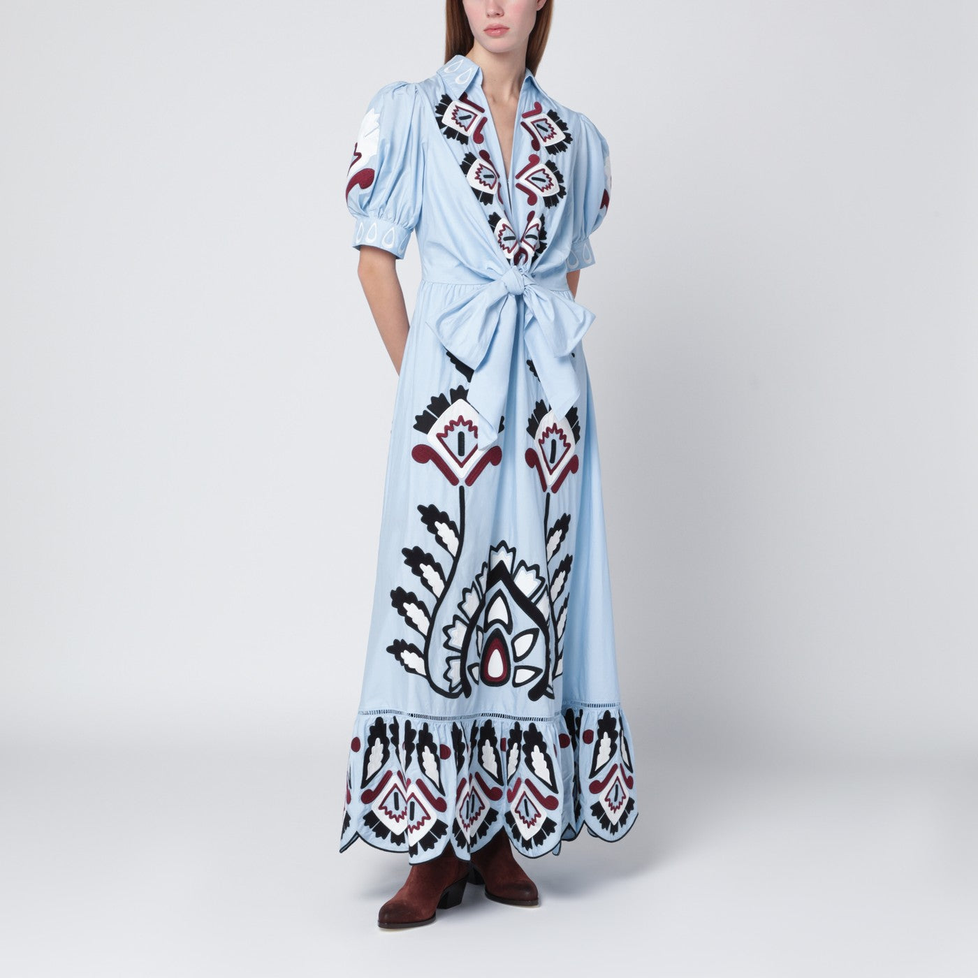 Farm Rio Light Blue Embroidered Long Dress With Bow Women
