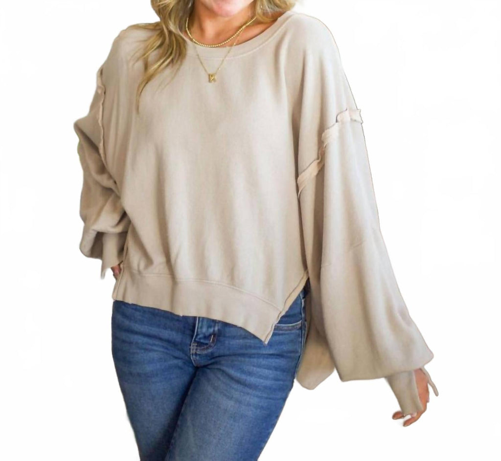 Cropped Sweatshirt With Cuffed Sleeve In Light Taupe