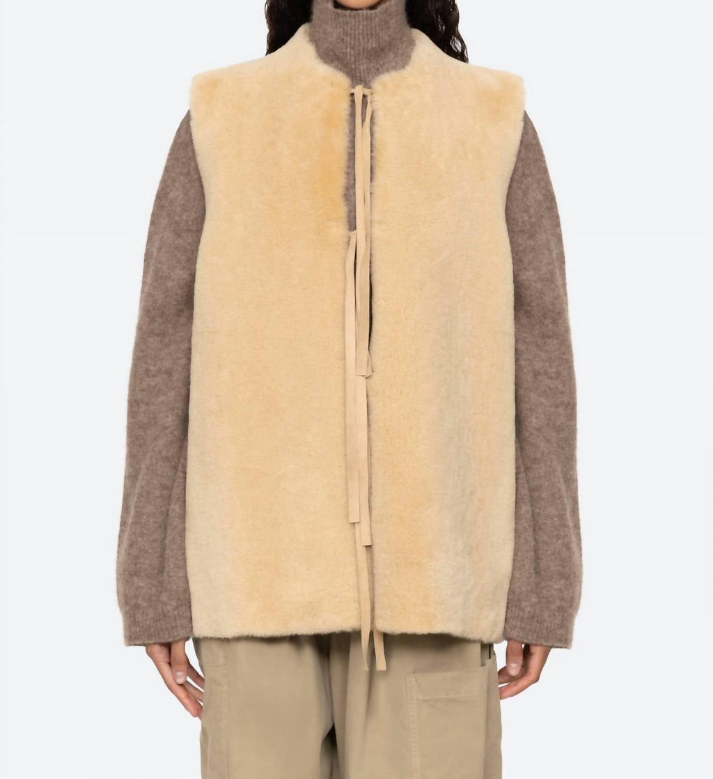 Elliot Shearling Tie-Front Vest In Beige
