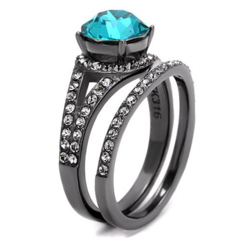IP Light Black Stainless Steel Ring with Top Grade Crystal in Blue Zircon