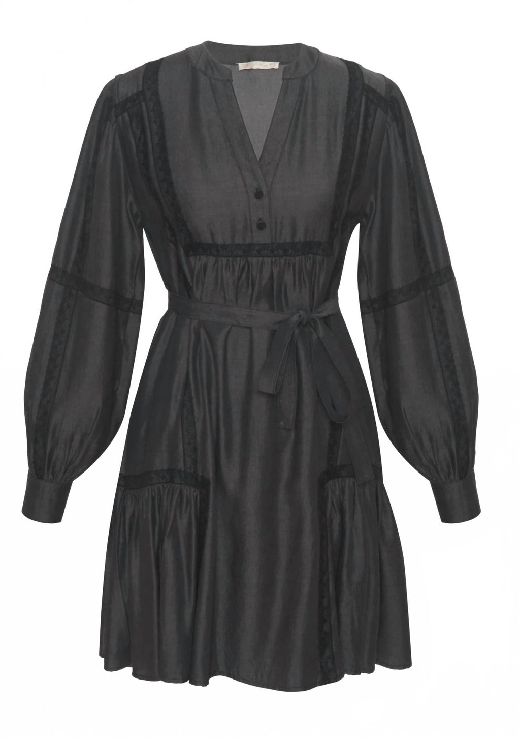 Denim Tencel Lace Trim Dress In Dark Grey