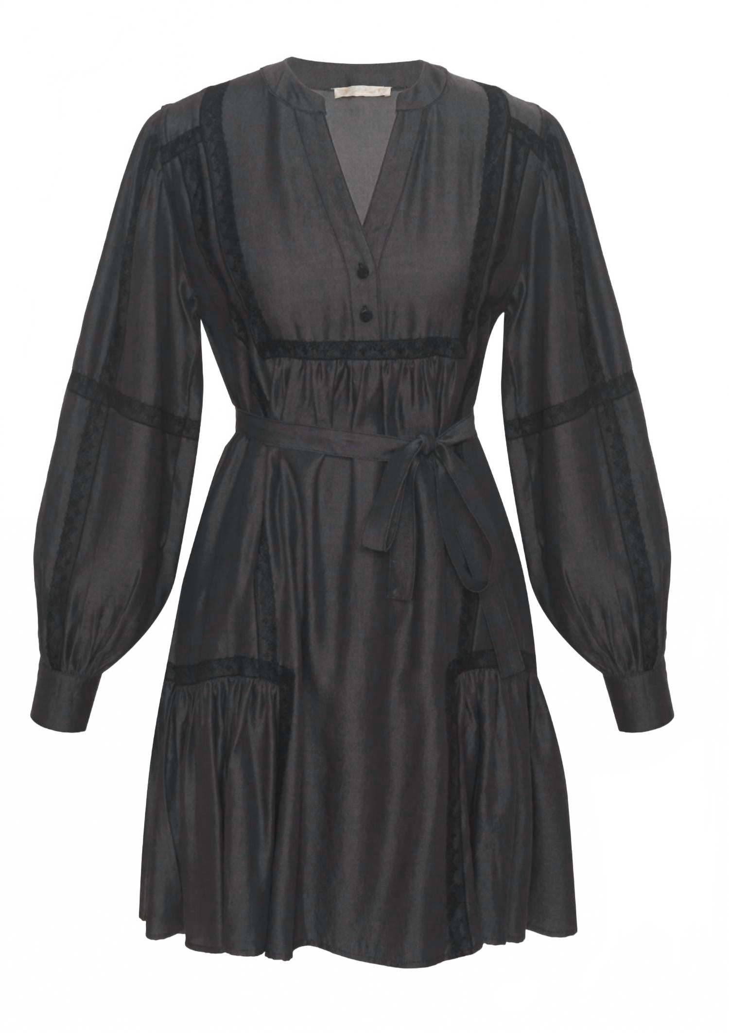 Denim Tencel Lace Trim Dress In Dark Grey