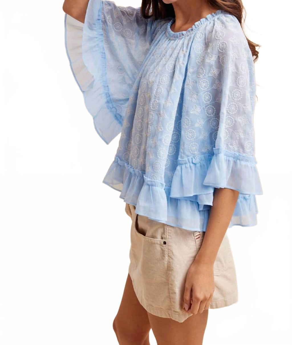Embroidered Cape Top In Airy Blue