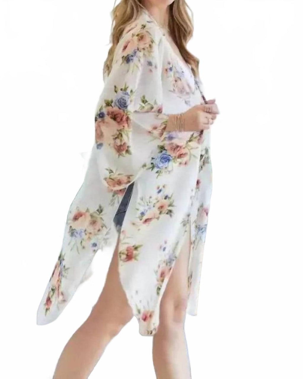 Chiffon Floral Print Three Fourth Sleeve Kimono In Ivory And Blue
