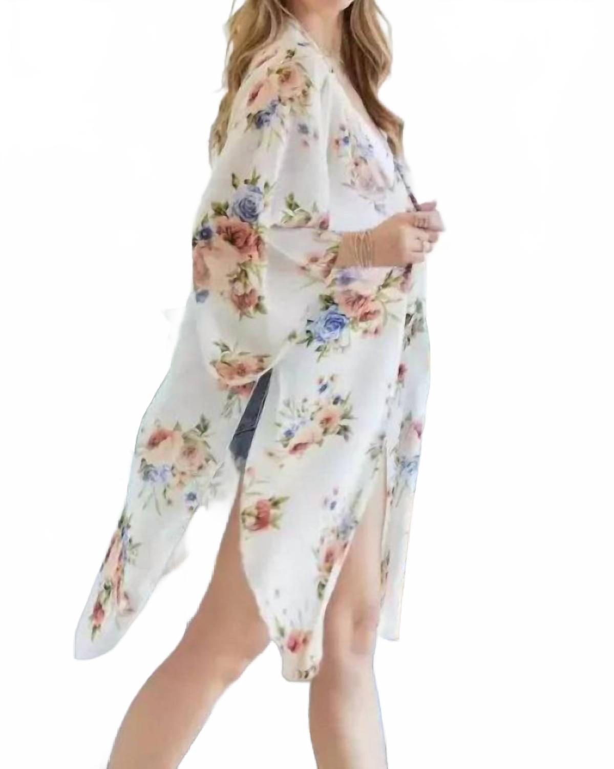 Chiffon Floral Print Three Fourth Sleeve Kimono In Ivory And Blue
