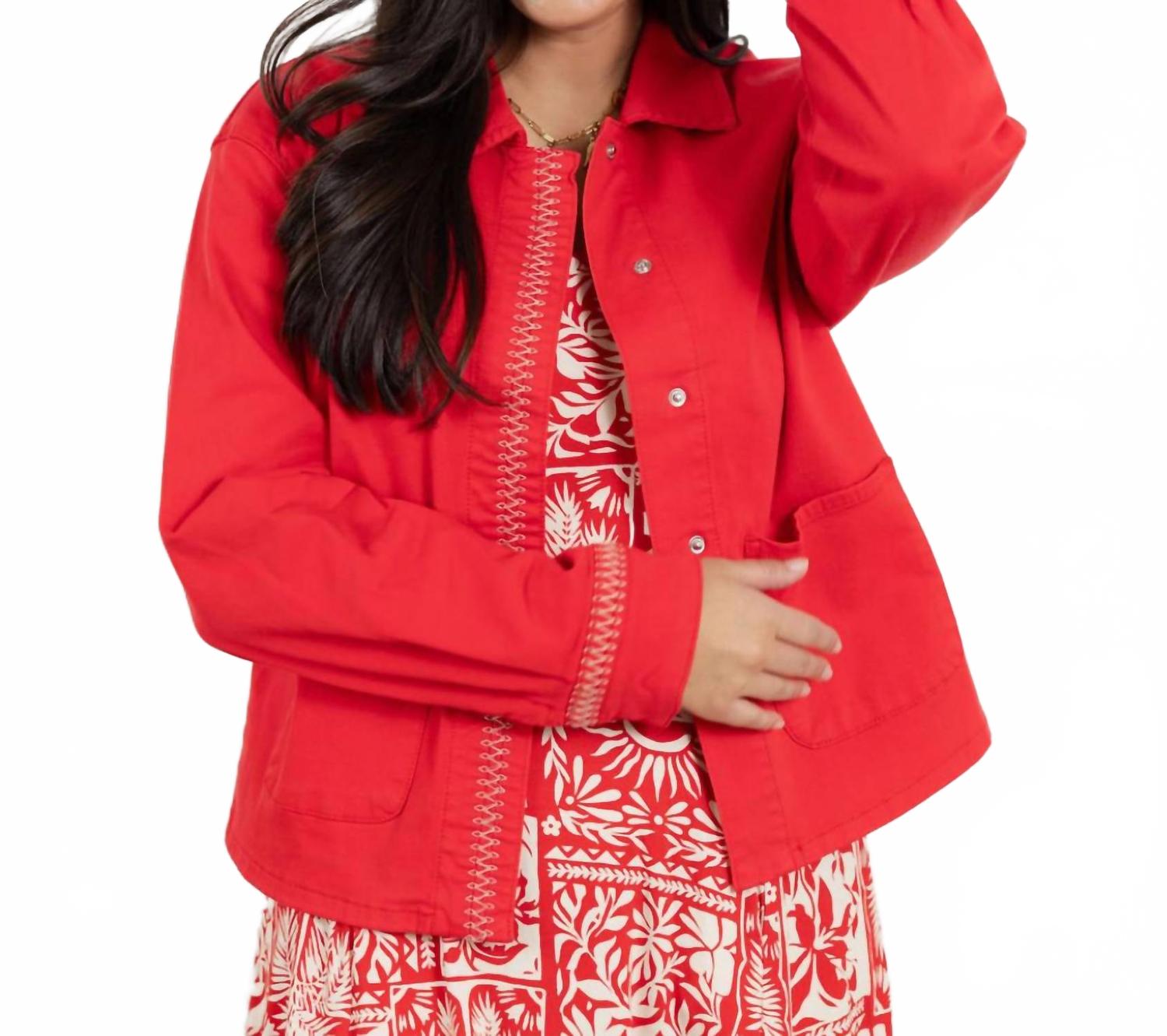 Embroidered Placket Jacket In Sangria