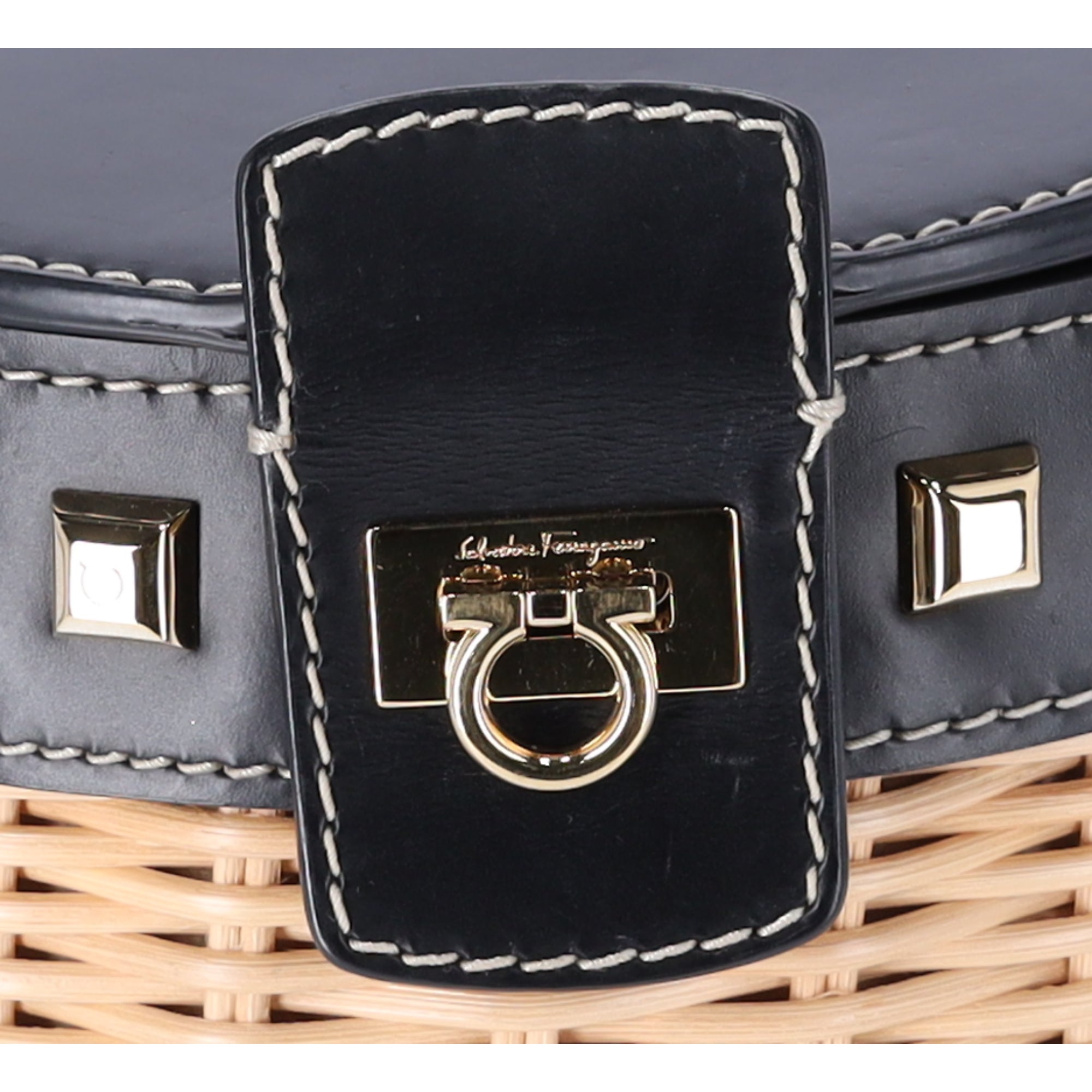 Salvatore Ferragamo Gancini Drawstring Bucket Bag Wicker Studded Leather + Pouch