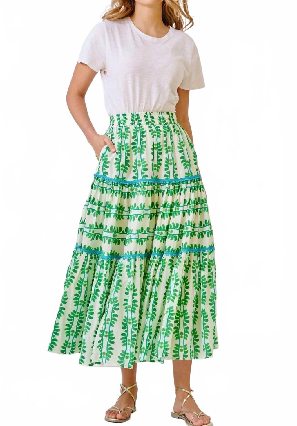 Triple Tiered Maxi Skirt In Palm Leaf