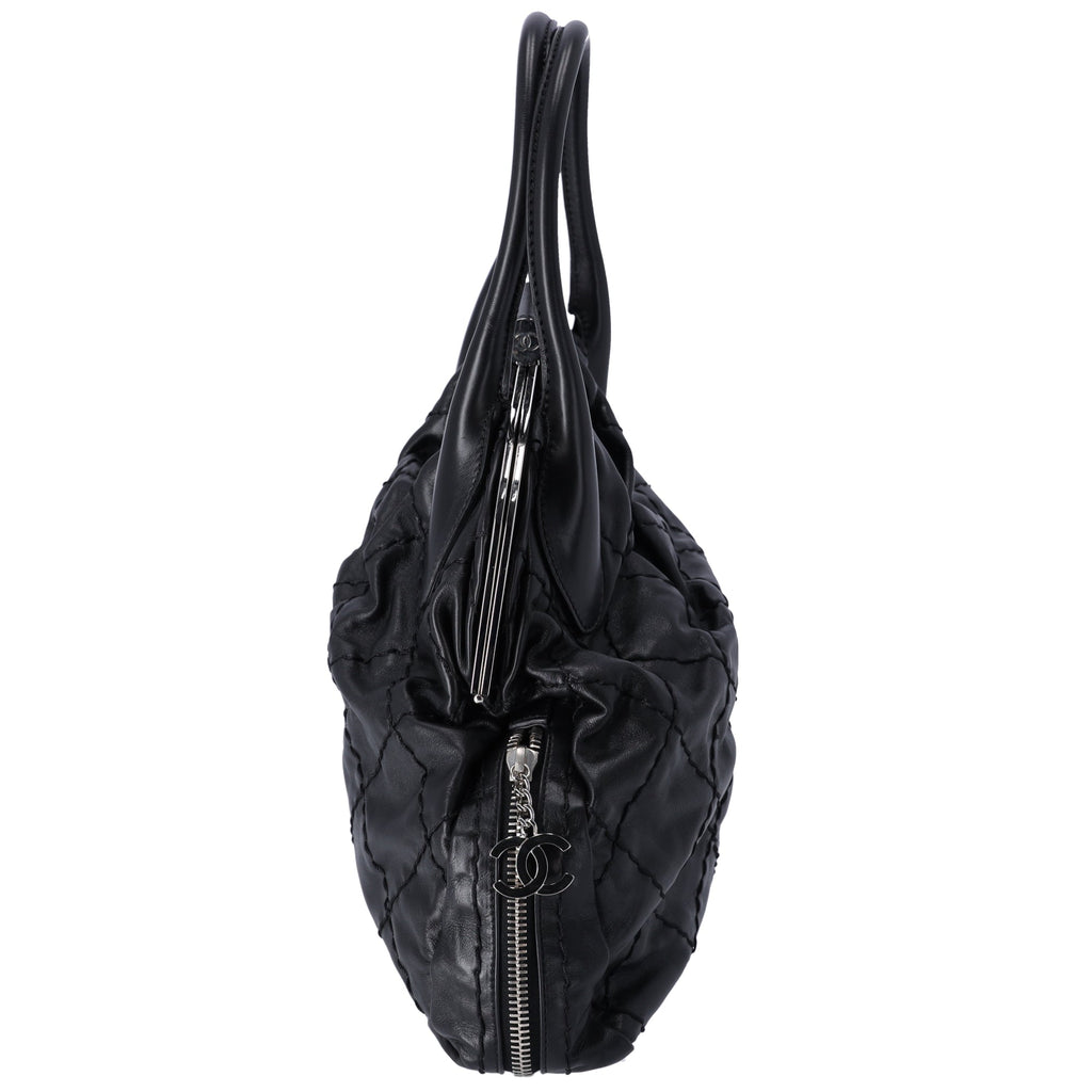 CHANEL Wild Stitch Expandable Frame Tote Bag Black Leather