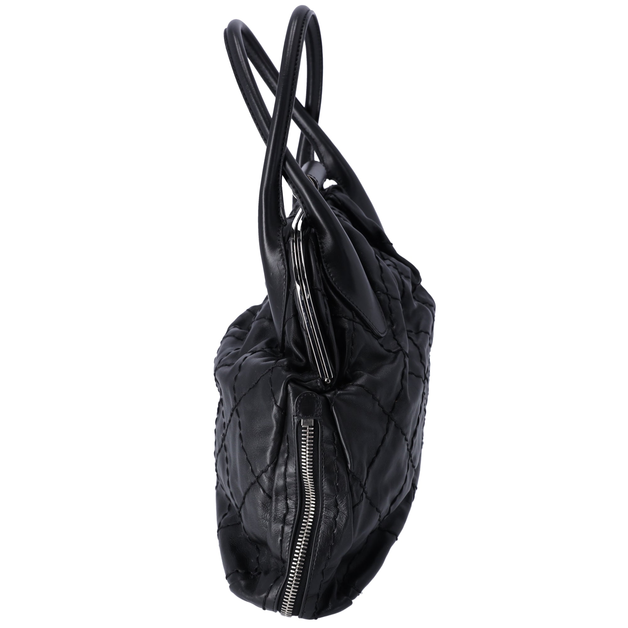 CHANEL Wild Stitch Expandable Frame Tote Bag Black Leather