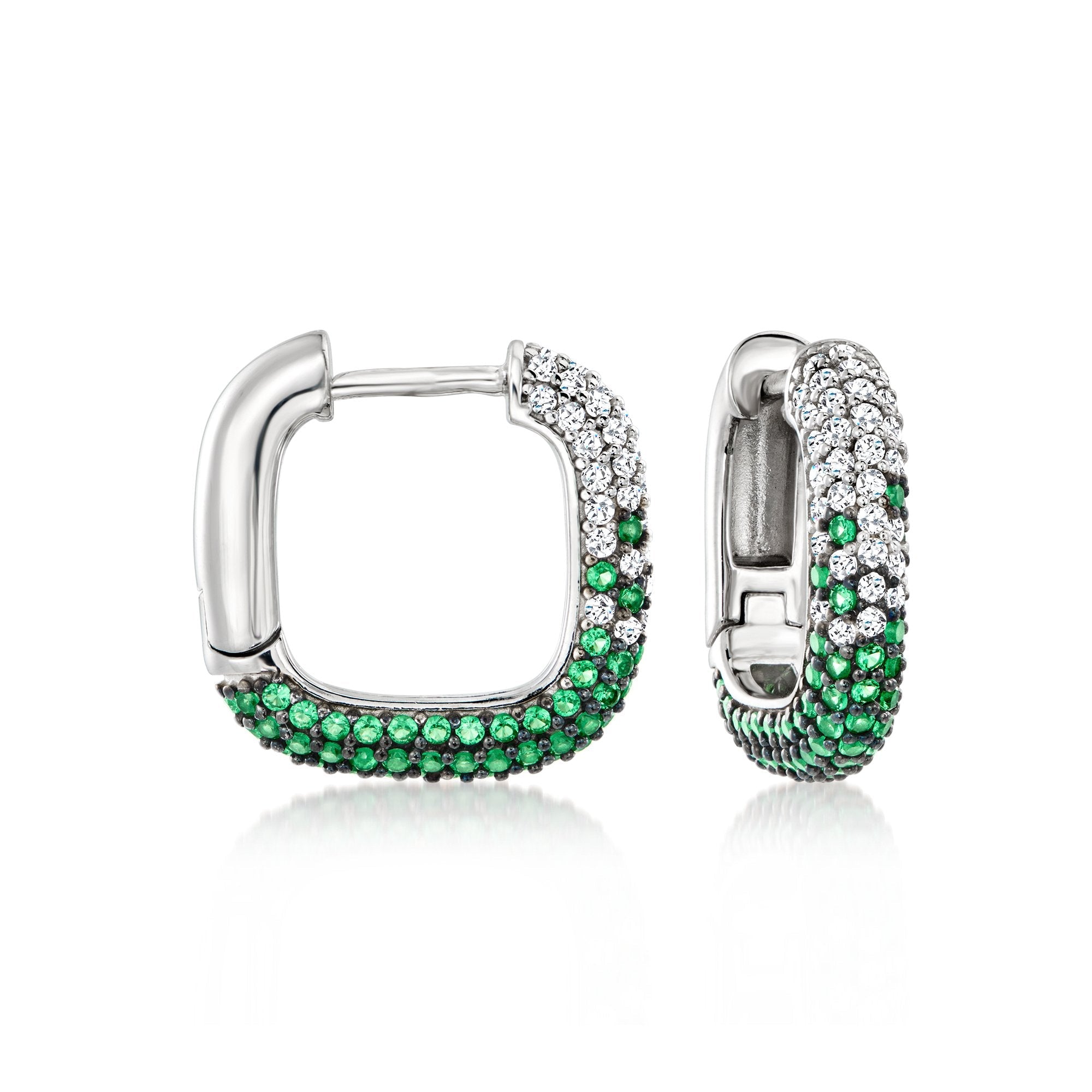 Ross-Simons Italian . Simulated Emerald and . CZ Square Hoop Earrings in Sterling Silver
