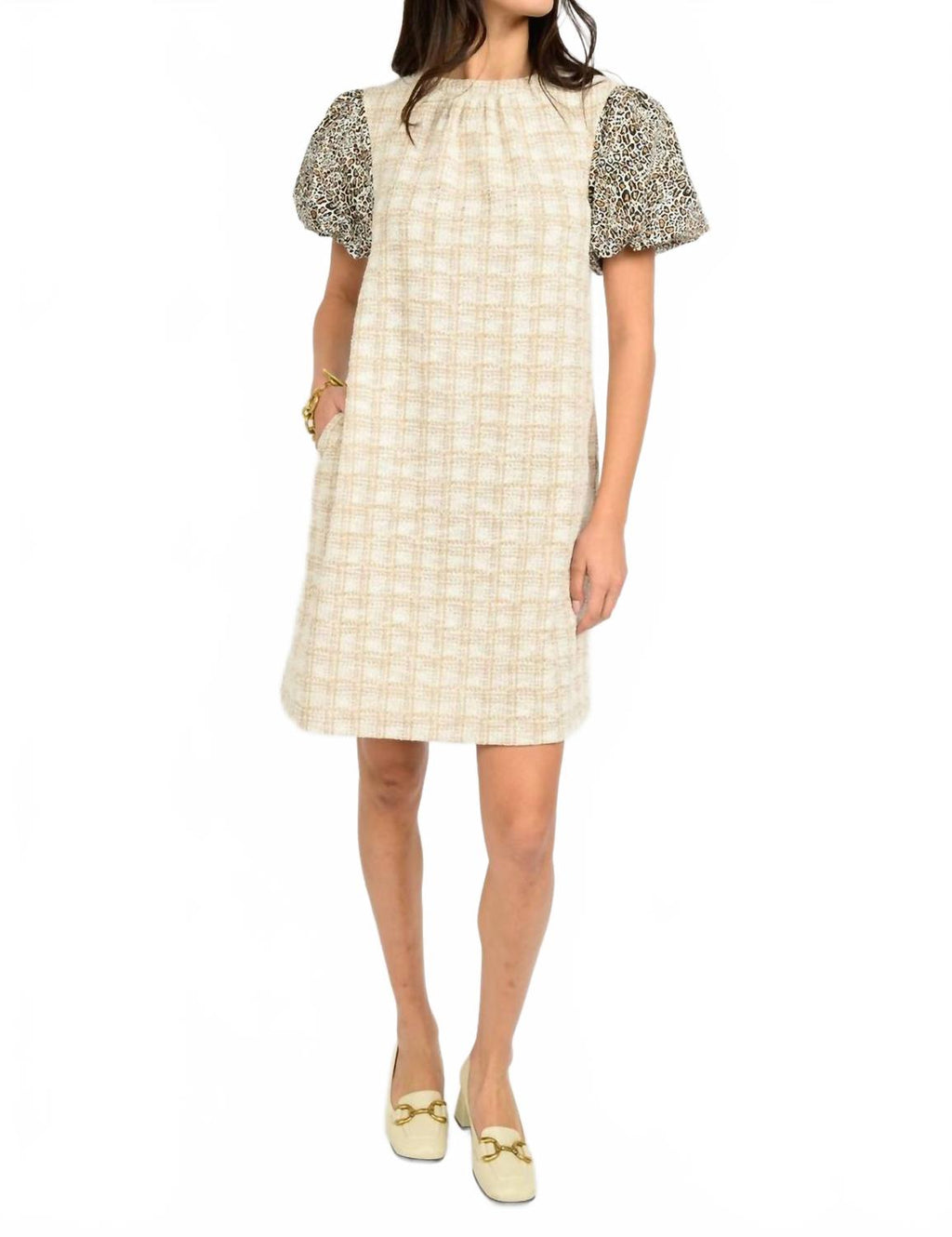 Leopard Puff Sleeve Mini Dress In Natural