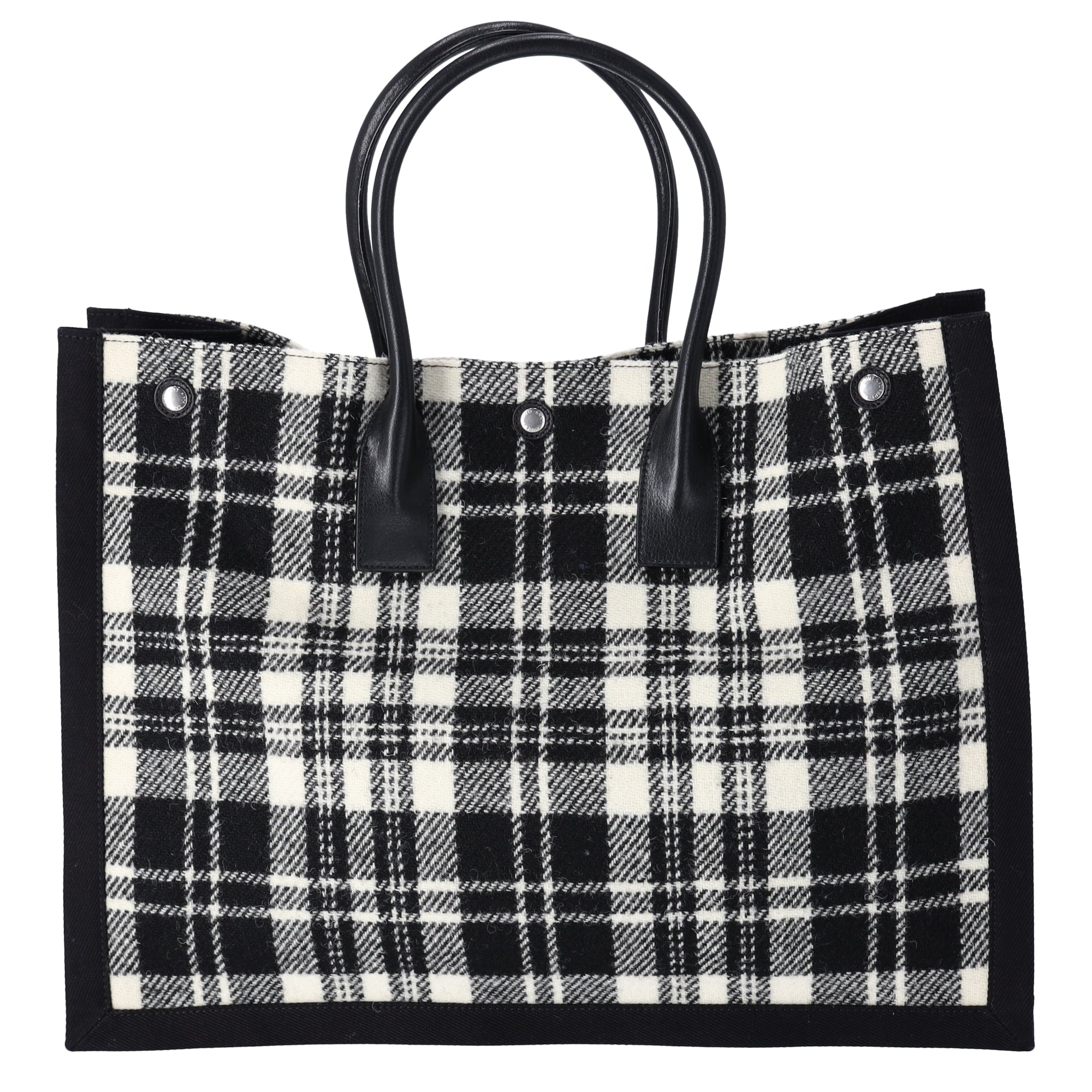 Saint Laurent Rive Gauche Tote Bag 499290 Black White Plaid Wool Leather