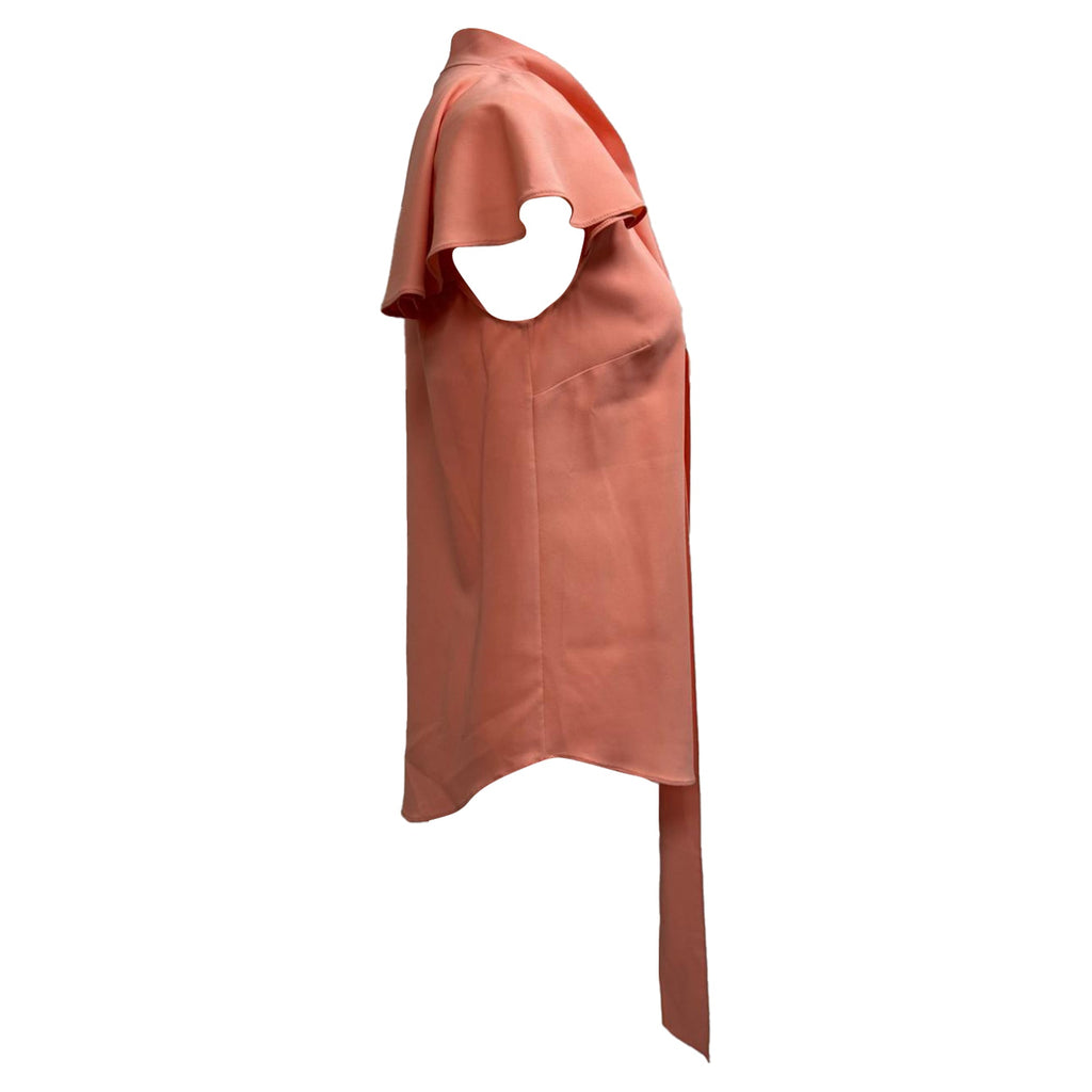 Oscar De La Renta Tie Neck Short Sleeve Blouse in Coral Silk
