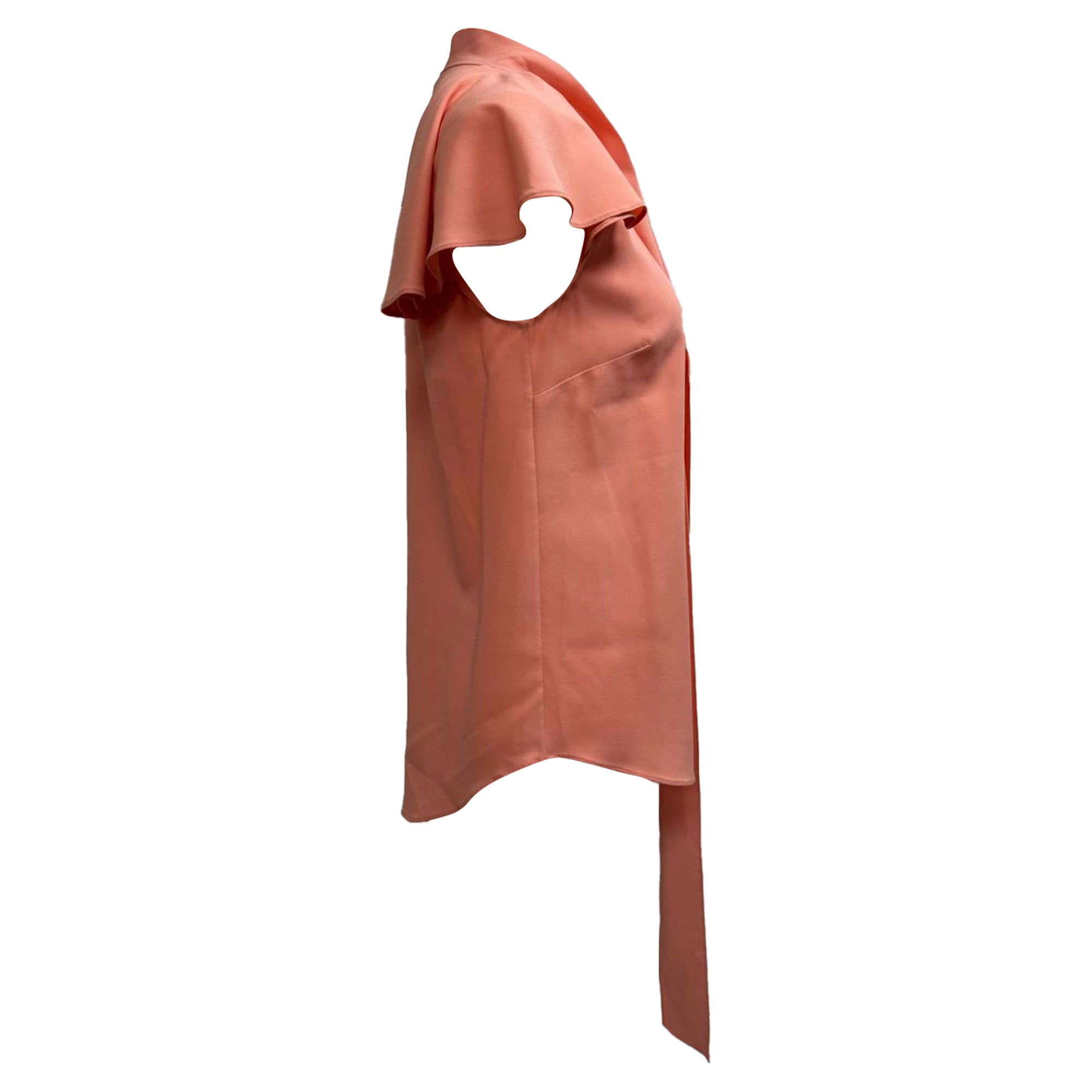 Oscar De La Renta Tie Neck Short Sleeve Blouse in Coral Silk