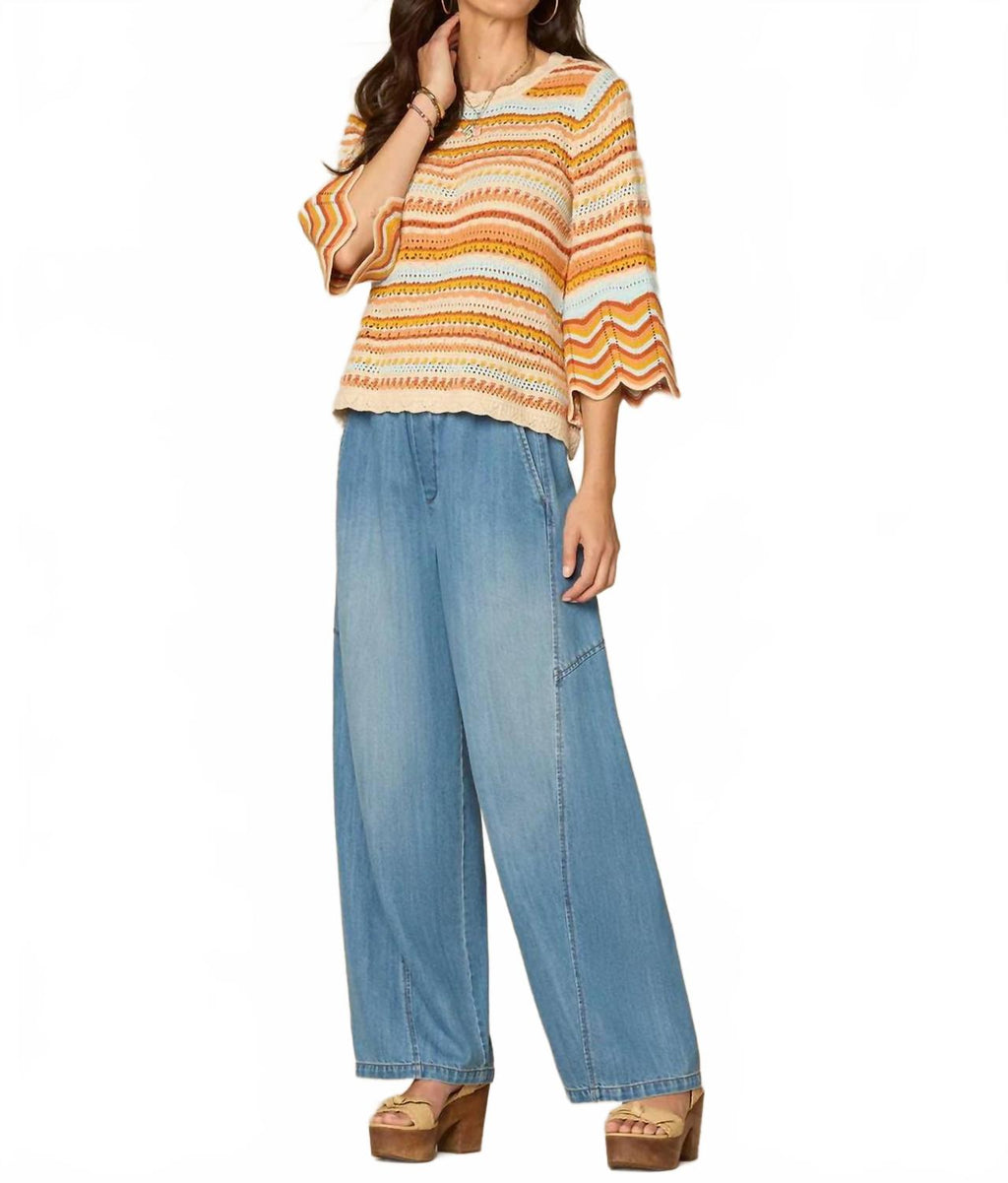 Bell Sleeve Crochet Striped Sweater In Multicolor