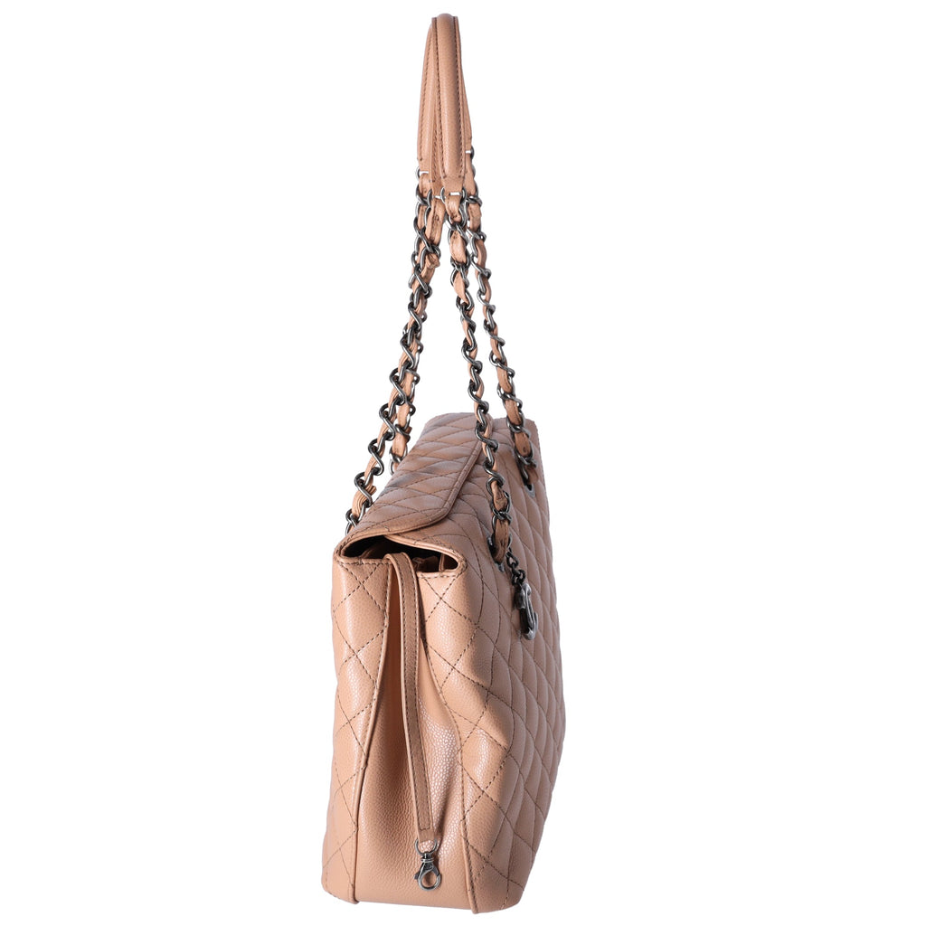 CHANEL Large City Shopping Tote Quilted Caviar Leather Beige