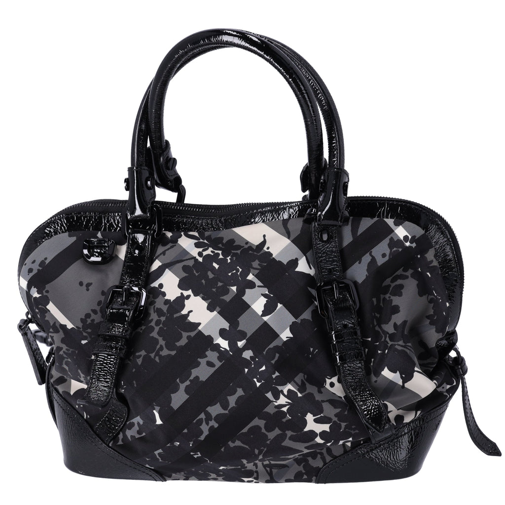 Burberry Nylon Beat Check Floral Florence Tote Black Gray
