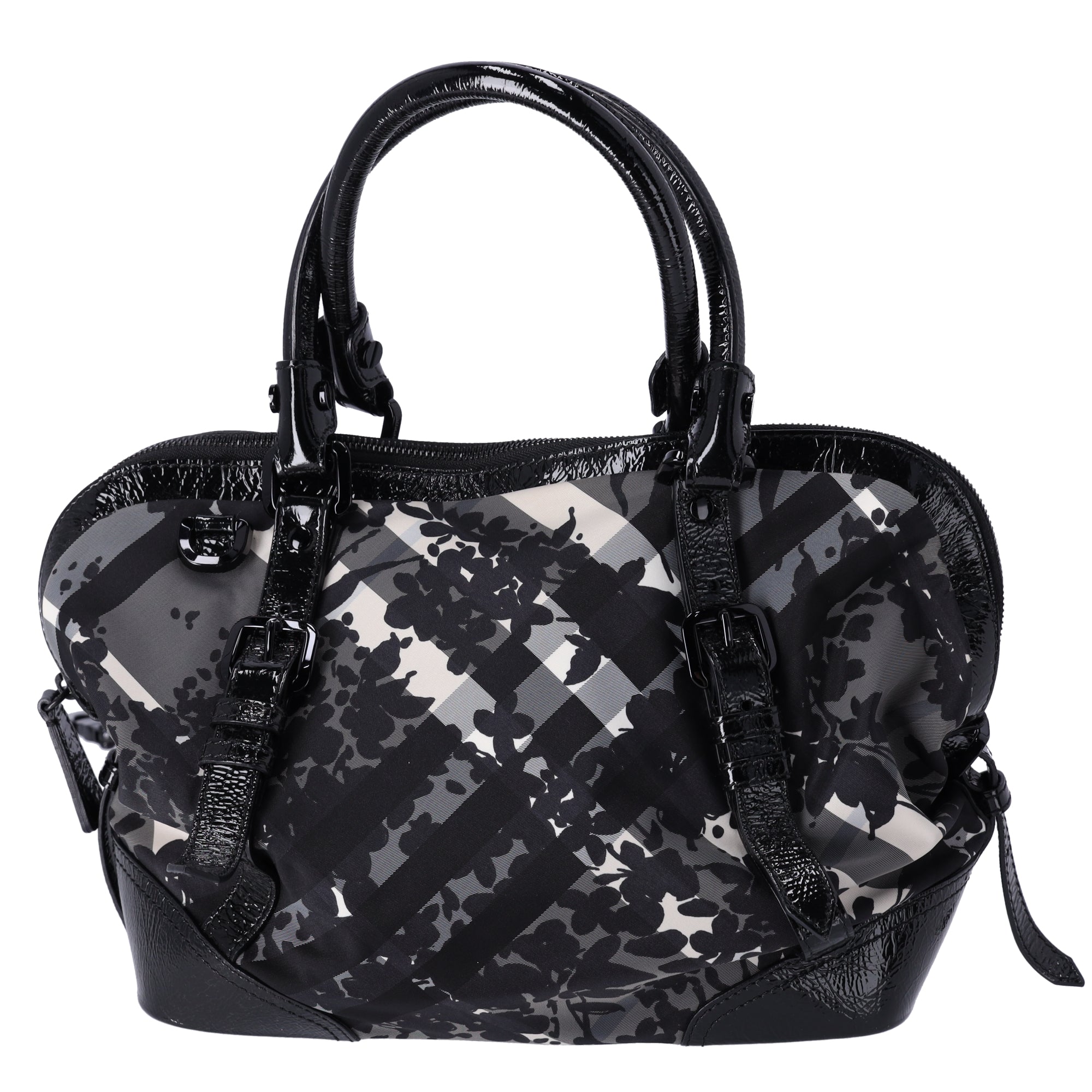 Burberry Nylon Beat Check Floral Florence Tote Black Gray