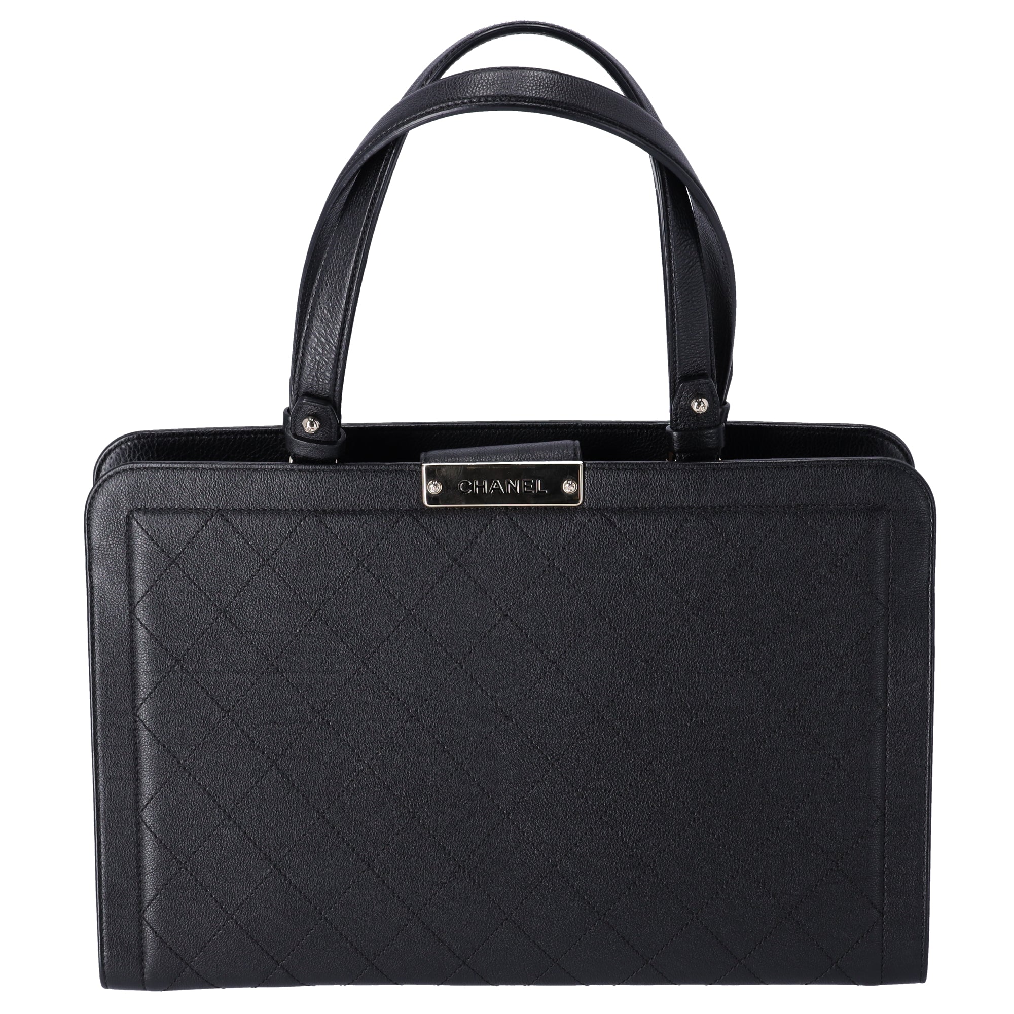 CHANEL Large Label Click Shopper Tote Black Stitched Grained Calfskin