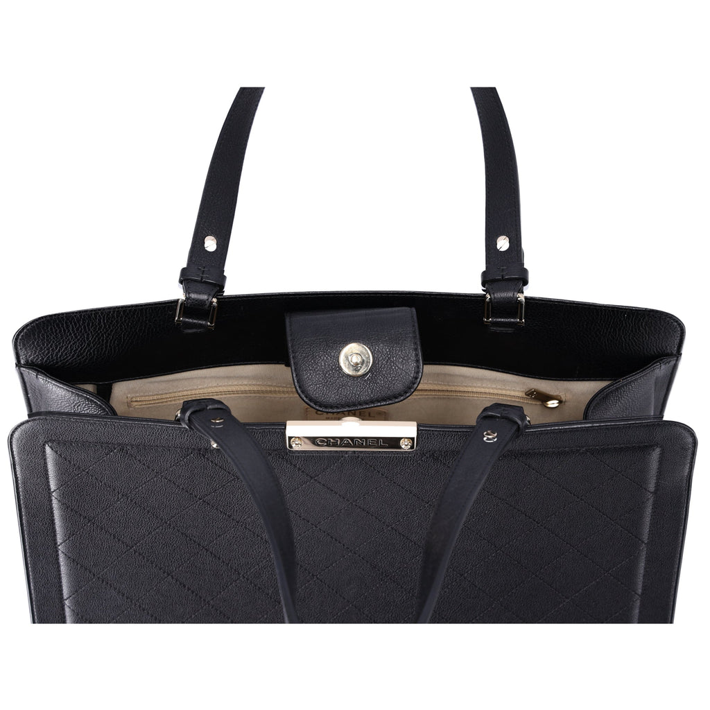 CHANEL Large Label Click Shopper Tote Black Stitched Grained Calfskin