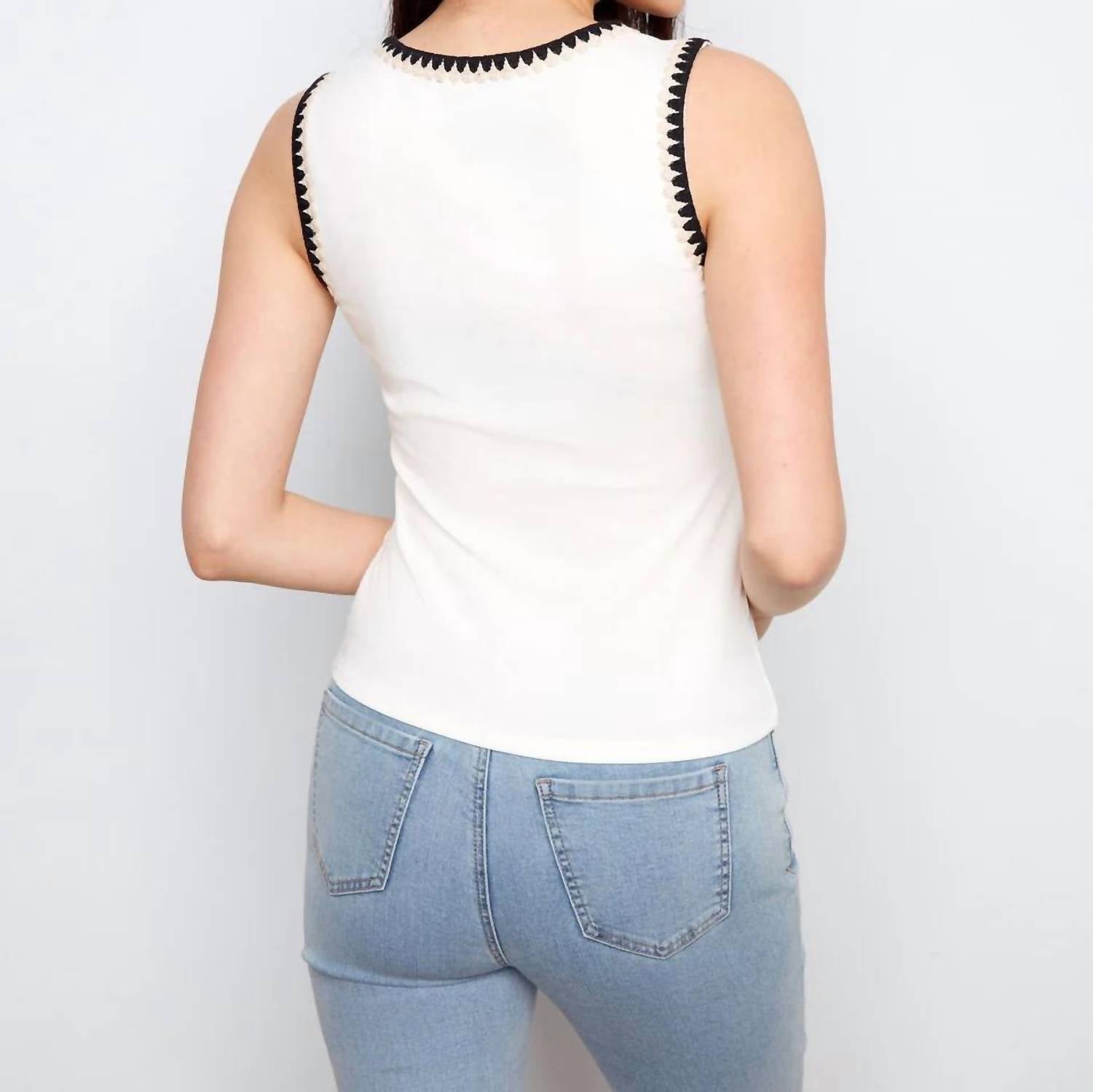 Knit Tank Top With Crochet Detail In Ecru