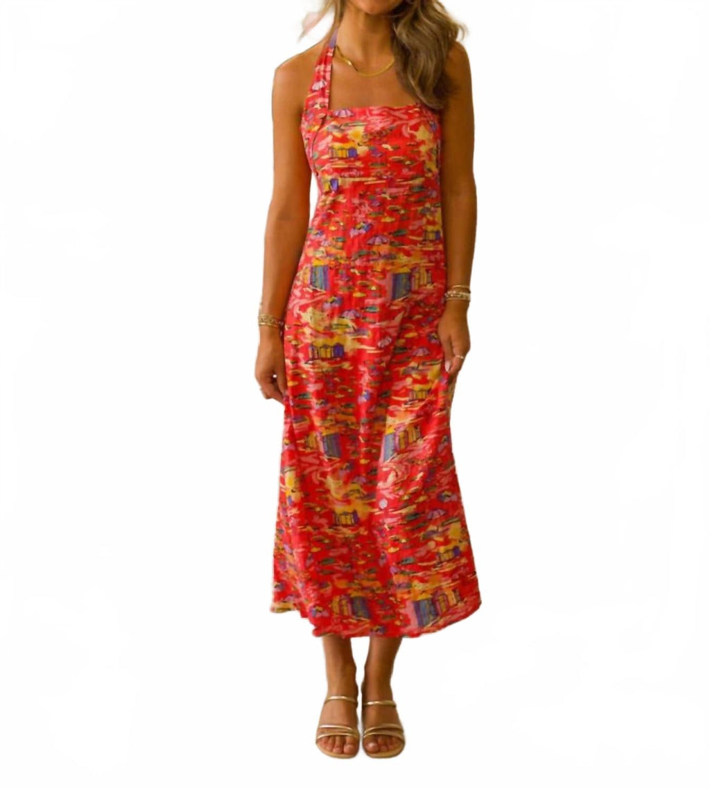 Halter Top Midi Dress In Red Multi