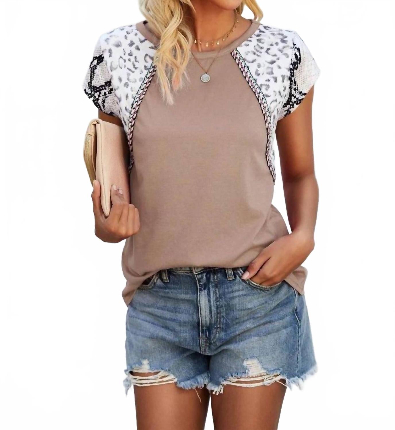 Mixed Animal Print Tee In Sand