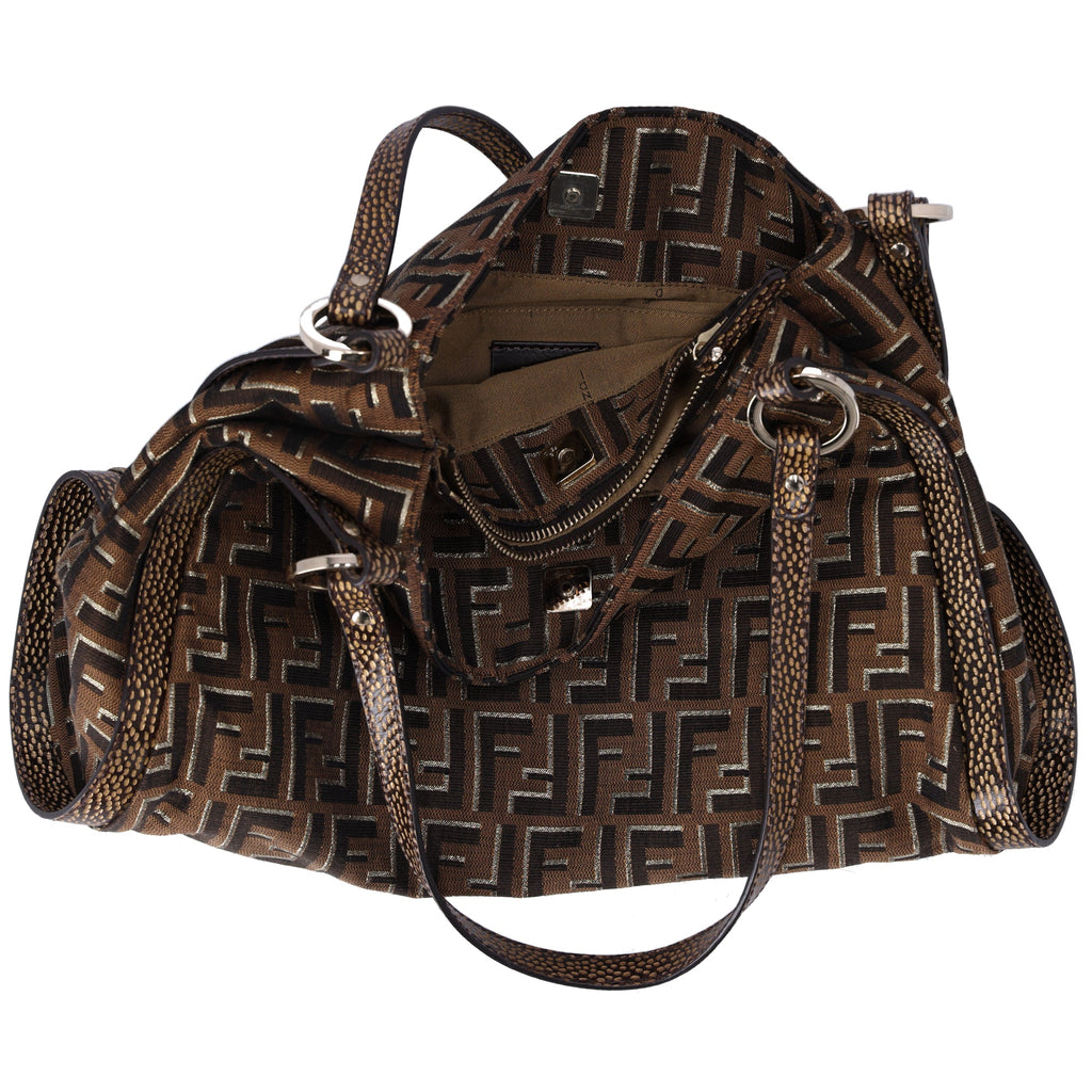 FENDI Zucca Shoulder Bag 8BR652 Beige Light Brown Gold Jacquard Leather