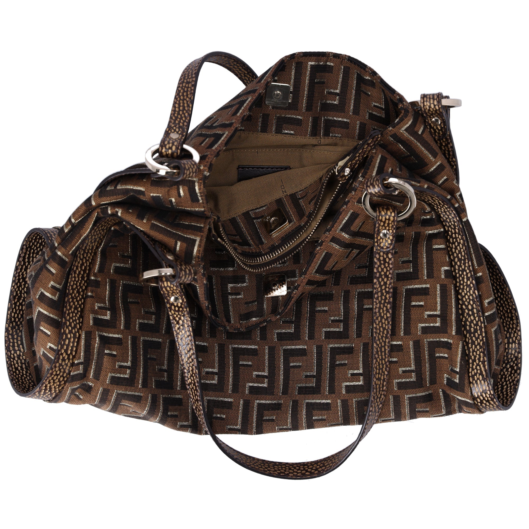 FENDI Zucca Shoulder Bag 8BR652 Beige Light Brown Gold Jacquard Leather