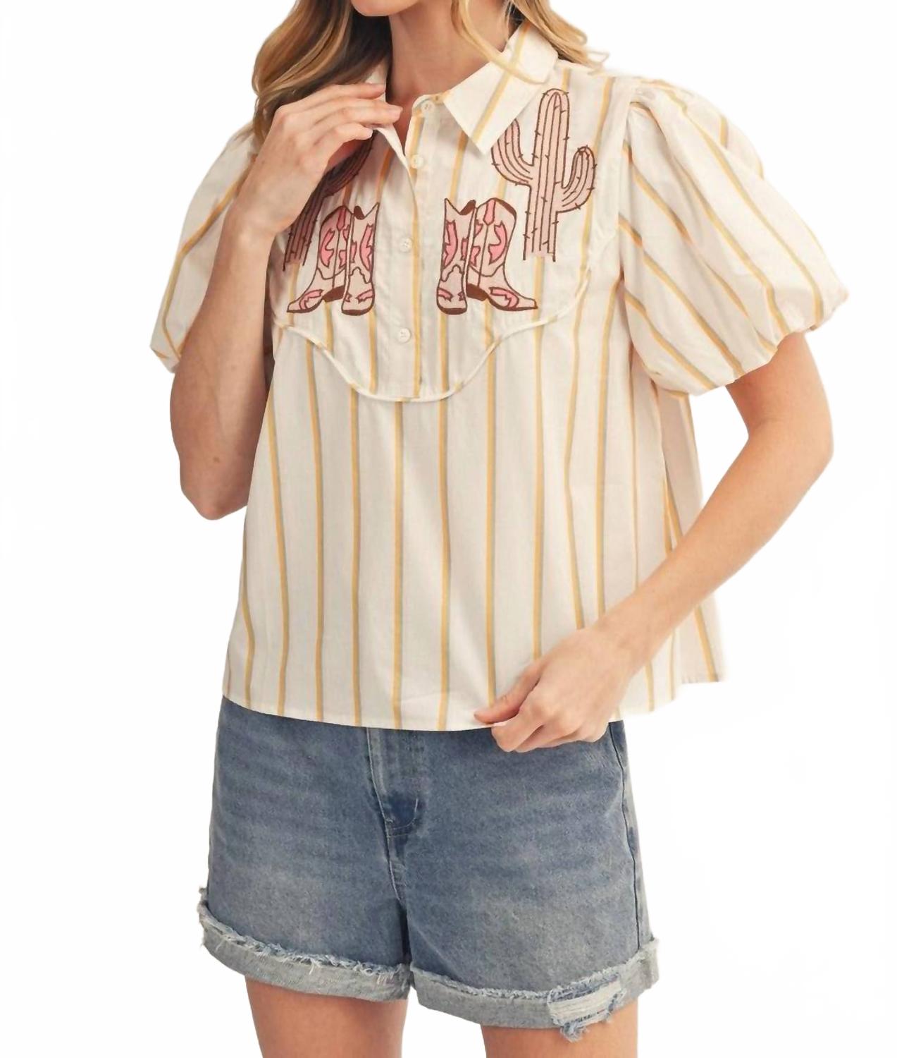 Boots Galore Striped Button Up Shirt In White / Yellow