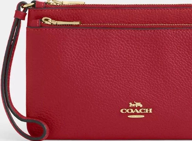 NWT Coach Leather Double Zip Large Wristlet Wallet In Gold/Red