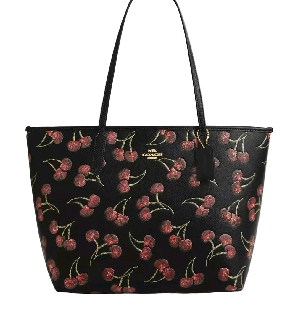 NWT Coach City Tote Leather Bag With Cherry Print In Gold/Black Multi