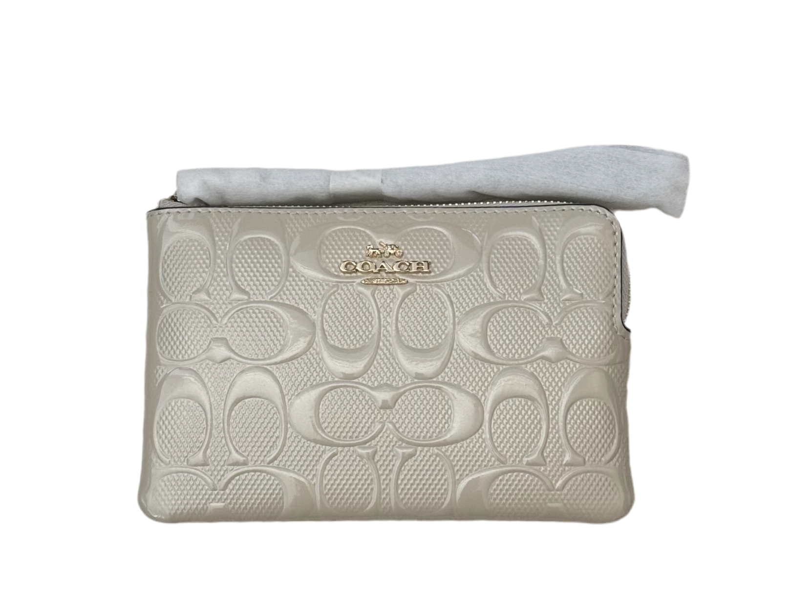 NWT Coach Corner Zip Wristlet Wallet In Signature Patent Leather In Ivory