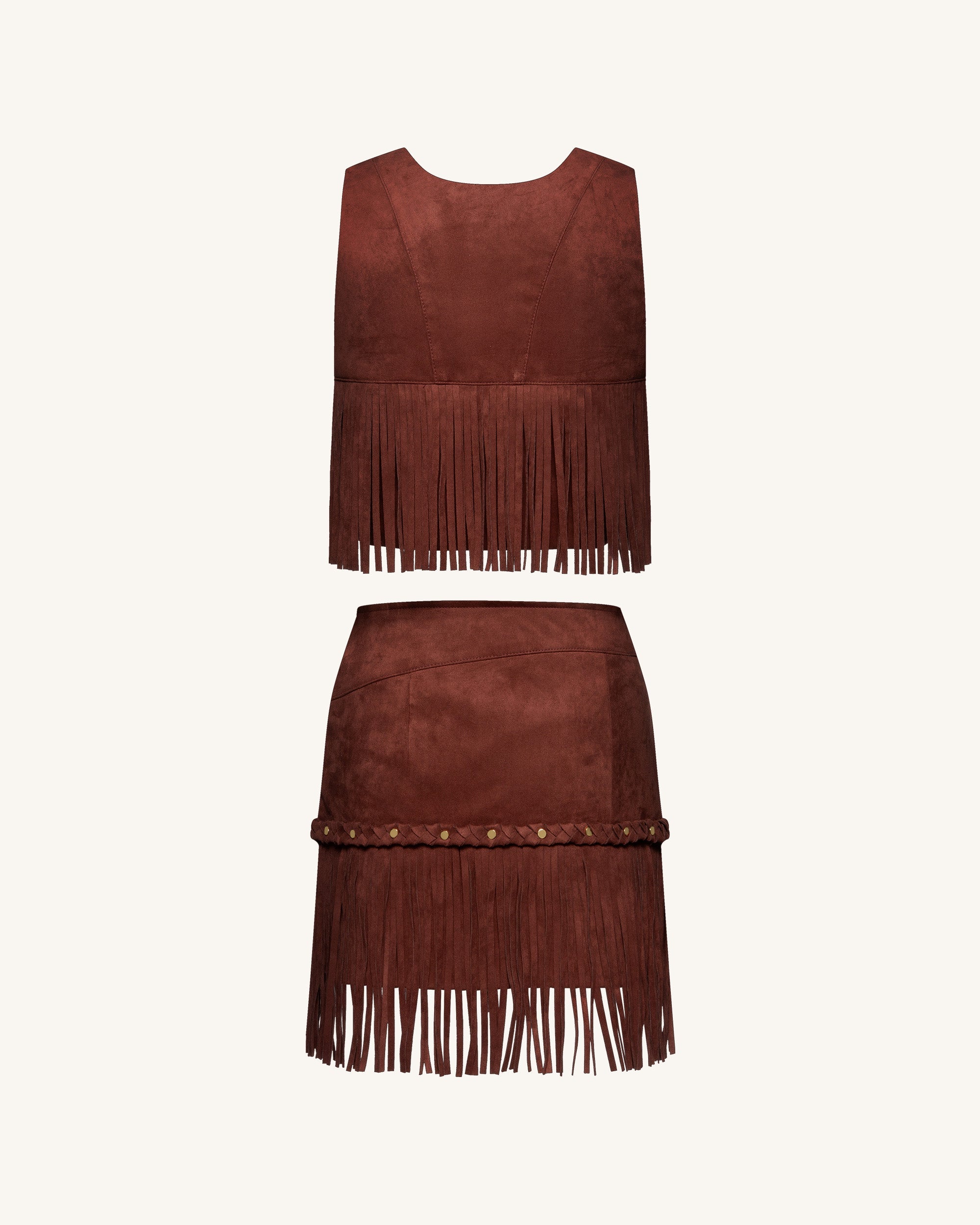 Western-Style Sueded Fringe Skirt - Burgundy