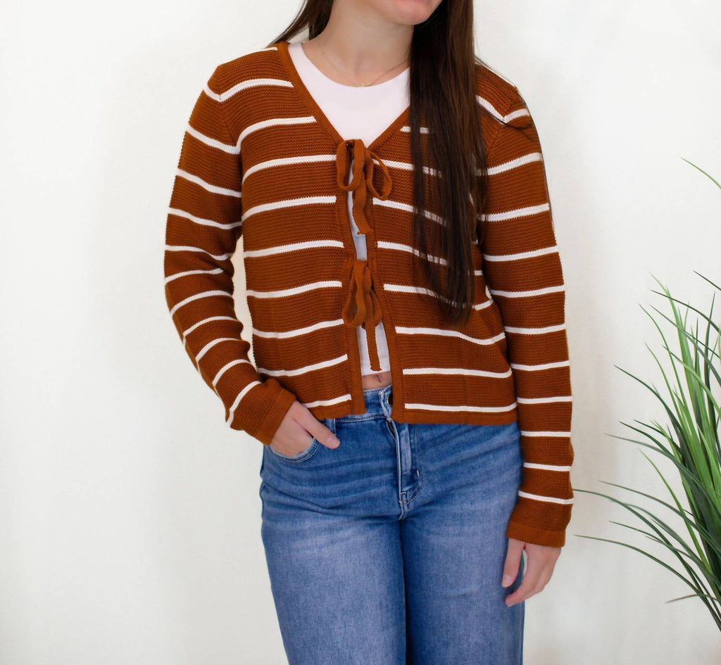 Tie Front Stripped V-Neck Cardigan In Caramel