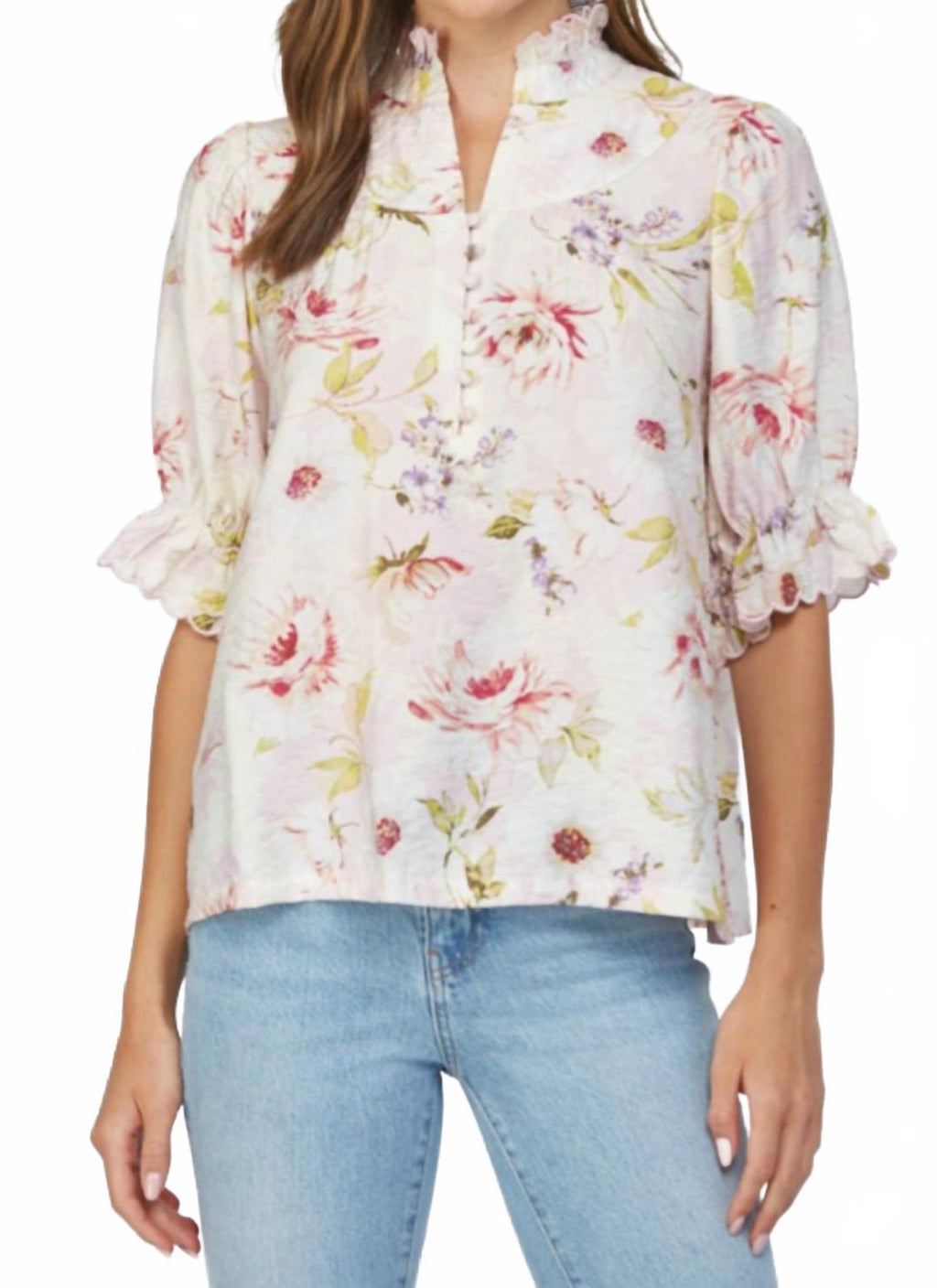 Ruffle Stand Collar Floral Blouse In English Roses