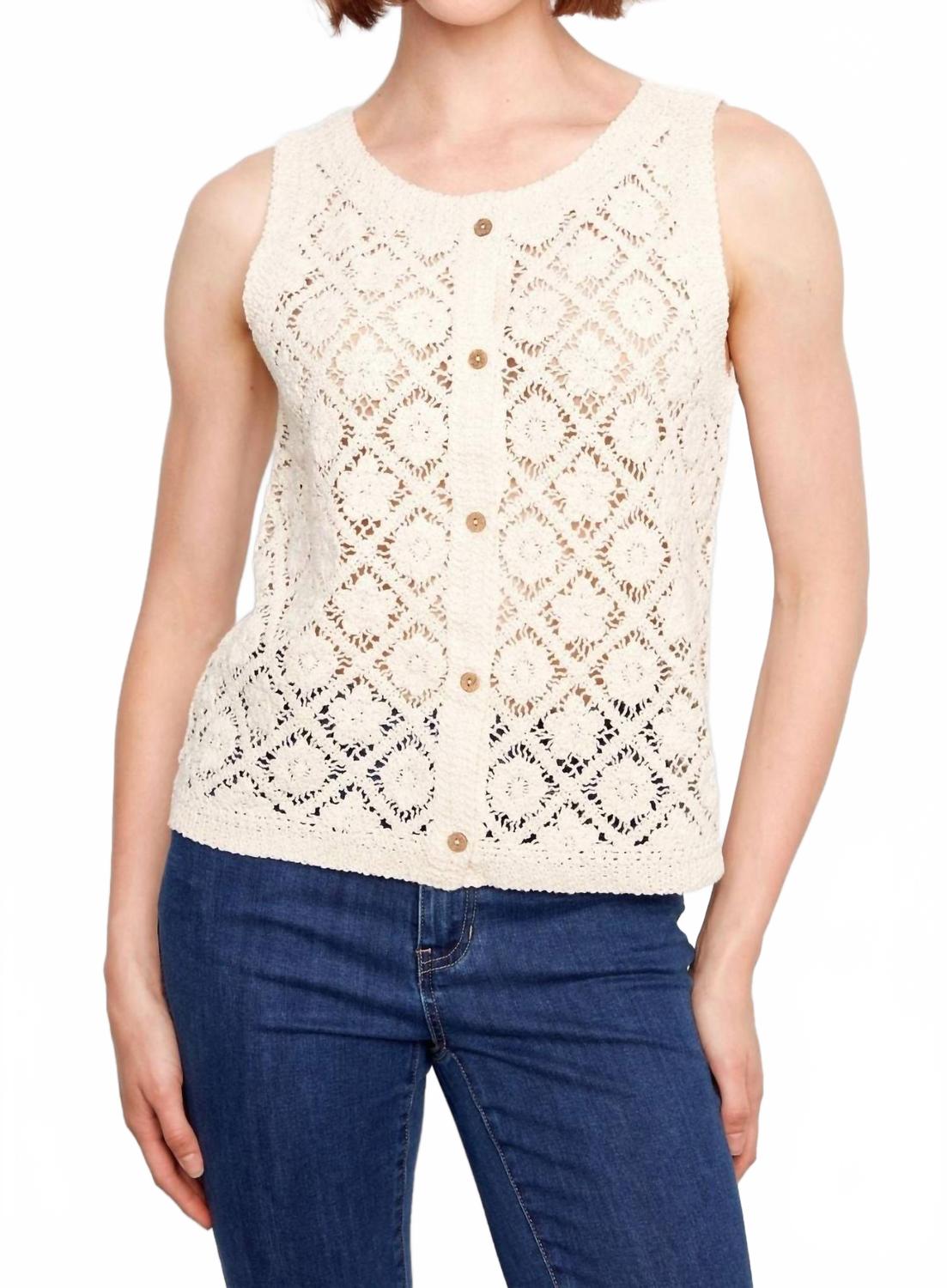 Reversible Crochet Button Up Sleeveless Vest In Natural
