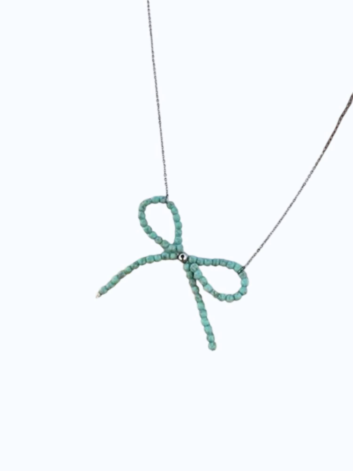 Women's Pearl Bow Beaded Necklace In Teal Navajo