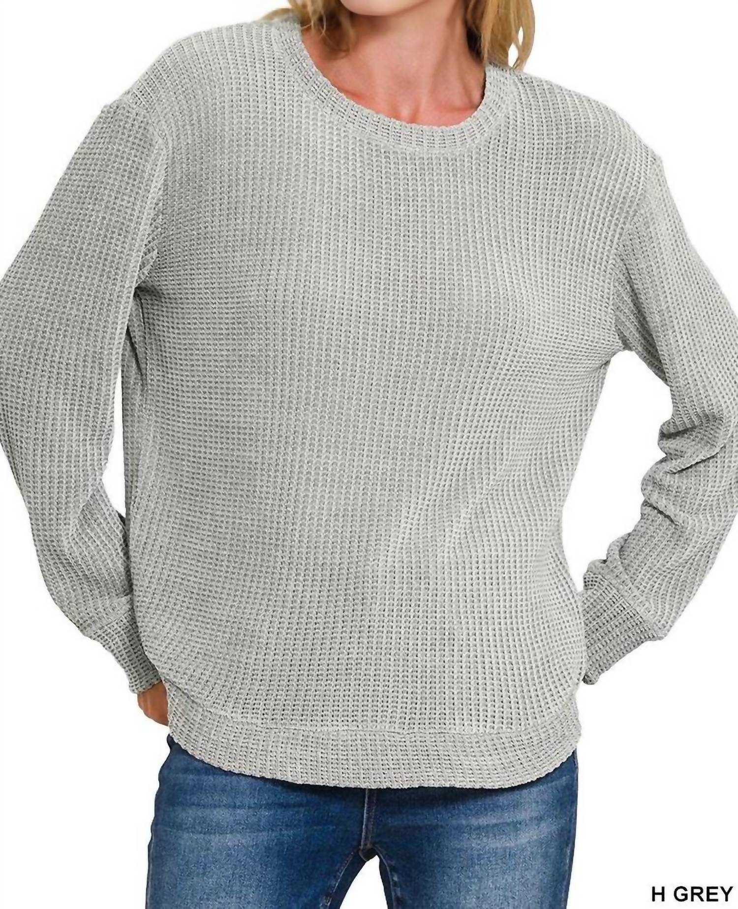 Chenille Waffle Round Neck Sweater In Heather Grey